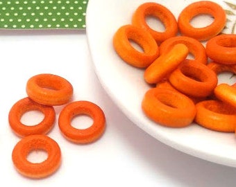 20 Wooden Rings - Orange - Small Wood Rings - Large Hole - Wood Ring - Wood Donut - Wood Rings for Jewelry - Wood Rings for Crafts- 12mm