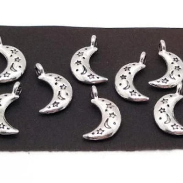 10 or 50 Silver Moon Charms - Antique Silver - Moon with Stars - Charms in Bulk - Lead Free - Celestial Charm - Moon and Stars - 19mm