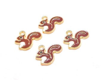 Enamel Squirrel Charms, Brown, White & Gold, Woodland Animal, Small Jewelry Pendants (15mm, 4 or 10pieces)