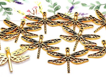 Gold Dragonfly Charms, Metal Alloy, Antiqued Jewelry Pendants (25mm, 10 pieces)