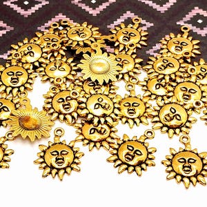 10 or 50 Gold Sun Charms - Antique Gold Tone - Charms in Bulk - Lead Free - Bulk Sun Charms - Sun Pendant - Sun with Face - 23mm