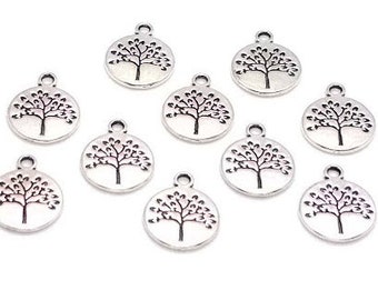 Silver Tree Charms, Metal Alloy,  Tree of Life, Small Jewelry Pendant (18mm, 10 pieces)