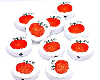 Orange Pumpkin Beads, Painted Wood, Halloween Jewelry Crafts (20mm, 10 pieces)
