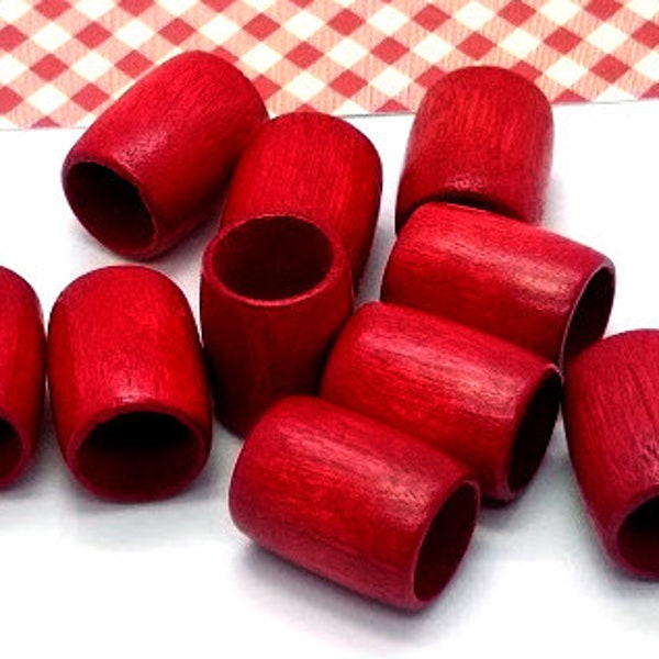 10 Red Wood Beads - Large Hole - Red Tube Beads - Wooden Bead - Vintage Wood - Macrame Beads - Hair Beads - 19mm