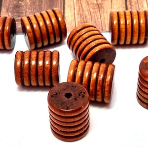 8 or 20 Brown Wooden Beads - Vintage Wood Beads - Large Wood Beads - Grooved Wood Bead - Natural Wood Beads - Wooden Tube Beads - 19mm