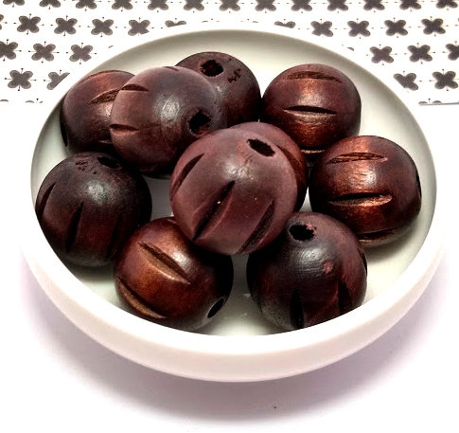 10 Carved Wood Beads Brown Wooden Beads Macrame Beads Etsy