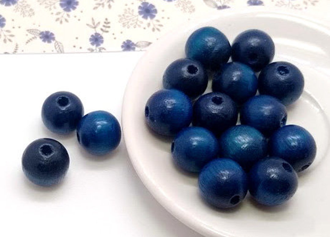 16 Blue Wood Beads Vintage Wood Beads Dark Blue Wooden Beads Round Wood