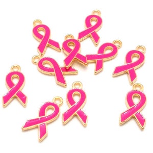 10 Pink Ribbon Charms - Awareness Ribbon - Breast Cancer Awareness - Enameled Charms - Enamel Ribbon Charm - Pink and Gold - 20mm