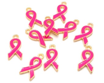 10 Pink Ribbon Charms - Awareness Ribbon - Breast Cancer Awareness - Enameled Charms - Enamel Ribbon Charm - Pink and Gold - 20mm