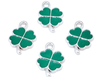 Green Enamel Clover Charms, Silver Alloy, St. Patrick's Pendants (19mm, 4 or 10 pieces)