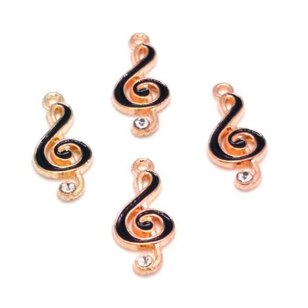 4 or 10 Treble Clef Charms - Enamel Music Charms- Black and Gold Tone - Music Theme - Treble Clef Pendant - Musical - 22mm