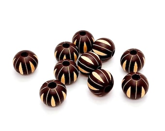 Carved Wood Beads, Brown Tan Round Wooden Beads (15mm, 10 pieces)