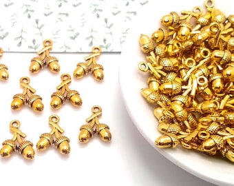 Gold Acorn Charms, Metal Alloy, Autumn Nature Jewelry Pendants (16mm, 10 or 50 pieces)