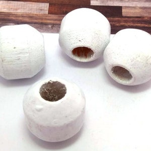 White Wood Beads, Large Hole, Vintage Wooden Macrame Beads (28mm, 4 pieces)