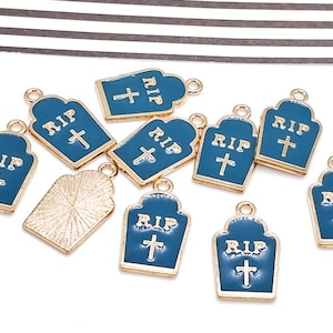 4 or 10 Tombstone Charms - Enamel Charms - Grey and Gold - Rest in Peace - Tombstone Pendant - Halloween Charms - Graveyard Charm - 21mm
