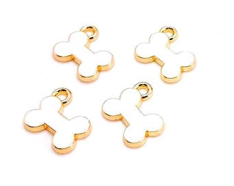 Enamel Bone Charms, White & Gold,  Dog Pet Jewelry Pendant (15mm, 4 or 10 pieces)