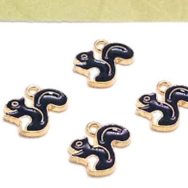 4 or 10 Enamel Squirrel Charms - Small Squirrel Charms- Dark Gray and Gold - Woodland Charms - Squirrel Pendant - Animal Charms - 13mm