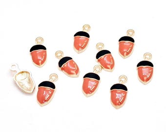 Acorn Charms, Brown Enamel & Gold Metal Alloy, Jewelry Pendants (17mm, 4 or 10 pieces)