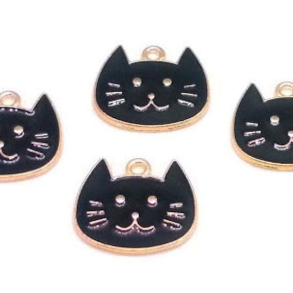 4 or 10 Black Cat Charms - Small Cat Charms- Black and Gold Tone - Enamel Cat Charms - Enameled Cat Pendant - Halloween Charms - 16mm