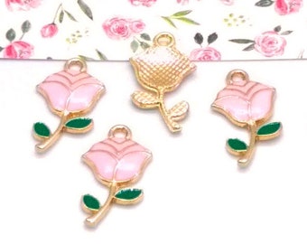 4 Pink Flower Charms - Enameled Charms - Pink Rose - Pink Tulip - Pink and Gold - Enamel Charms - Flower Pendant - 23mm