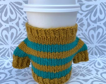 Coffee or Tea Cup Cozy for Hot or Cold Drinks. Handmade knitted Sweater Beverage sleeve.