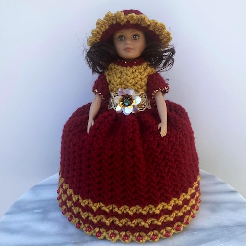 Crocheted Doll Toilet Paper Cover, Vintage Bathroom Decor, Crochet Bathroom Tissue Holder.