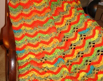 Crochet Blanket Green Orange Gold, Cascaded Garden Afghan Blanket, waves blanket, Handmade Chevron Afghan, Throw Blanket.