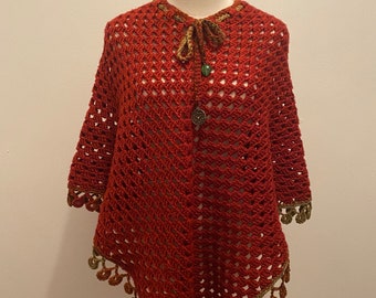 Fringed Handmade Granny Crochet Poncho, Adult size. Dark Red Poncho