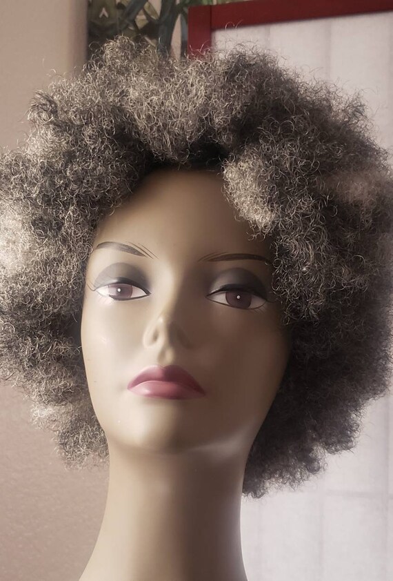 Short afro wig . Natural and kinky. Grey black mix with white
