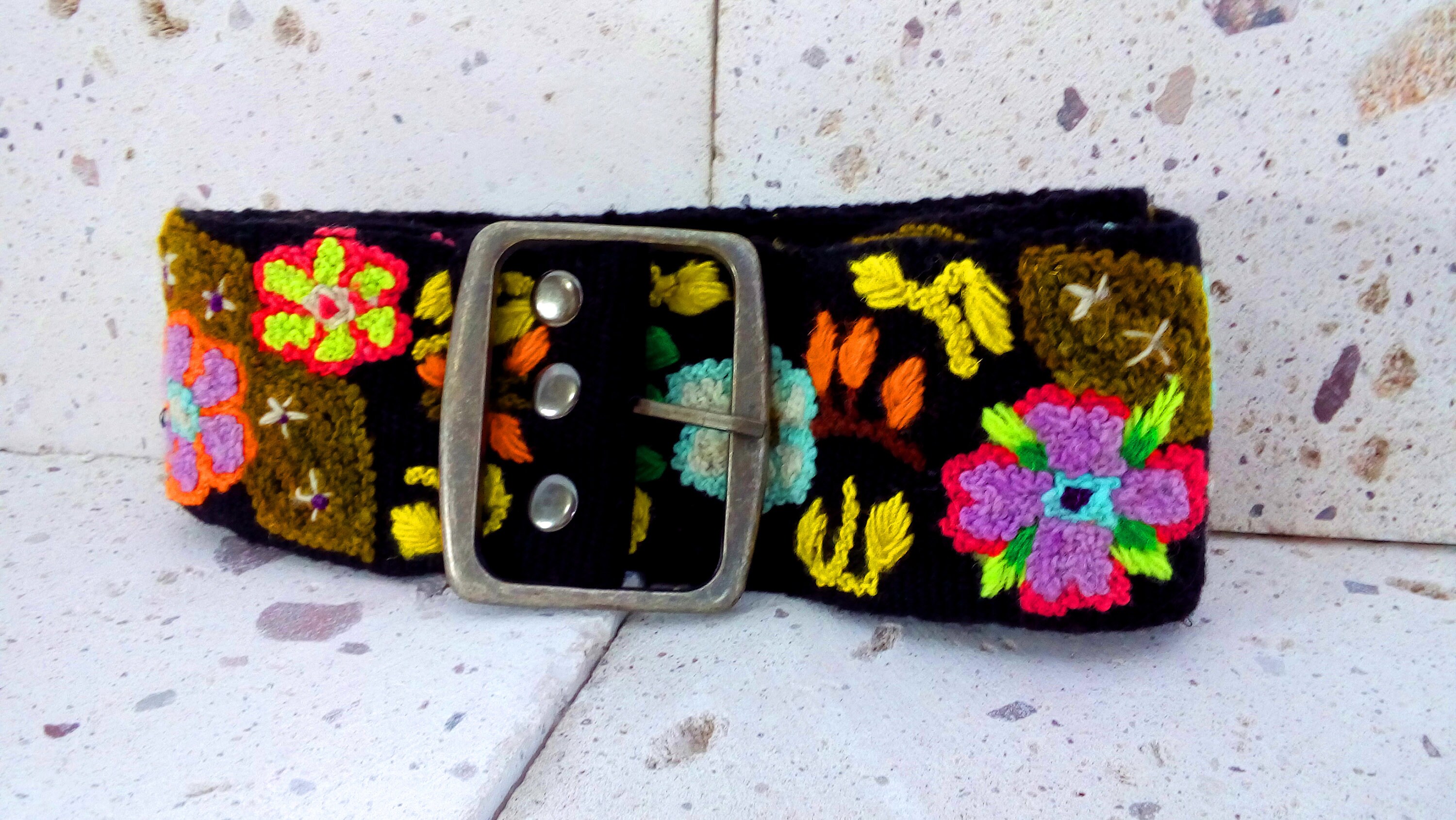 Artesian Love Multicolored Tulips Wide Hand Embroidered Wool Belt Embroidered Andina Belt - Peruvian, Hand Embroidered, Flower  main image 3