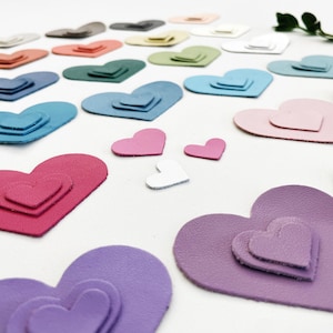Könnte beinhalten: Eine Sammlung von herzförmigen Leder-Ausschnitten in verschiedenen Farben, darunter Rosa, Blau, Lila und Grün. Einige Herzen haben kleinere Herzen übereinander. Der Hintergrund ist weiß.