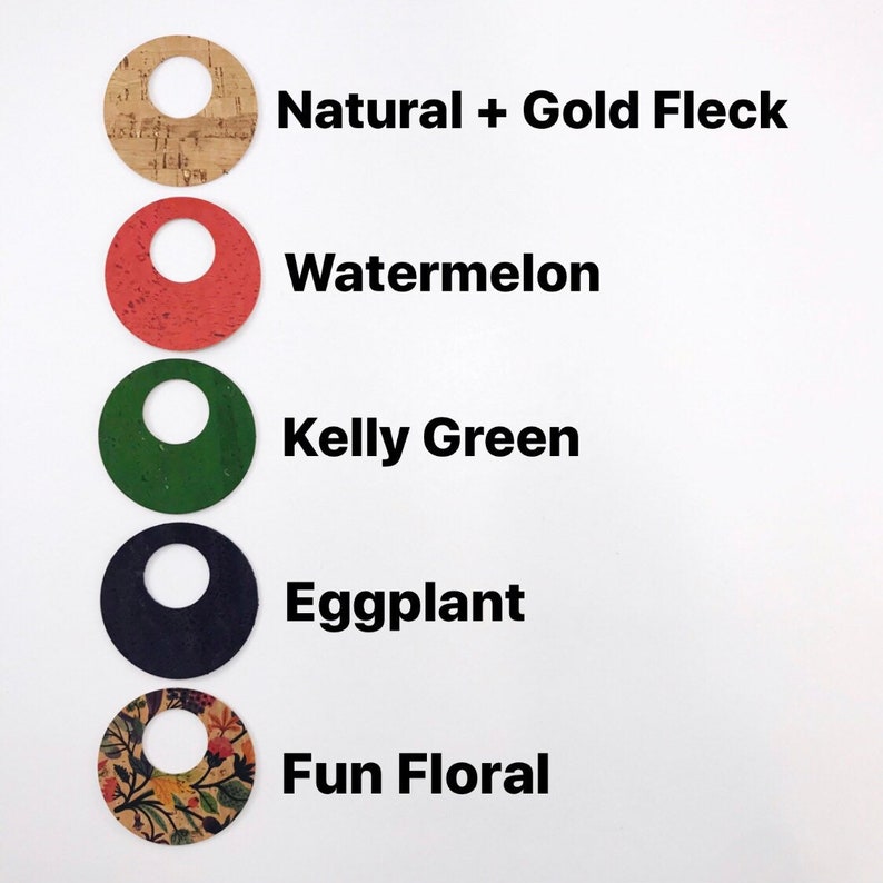 Gold Fleck Kelly Green Eggplant Fun Floral Printed Cork Natural Cork Shapes Watermelon Cork Open Circle Cutouts for DIY Cork Earrings