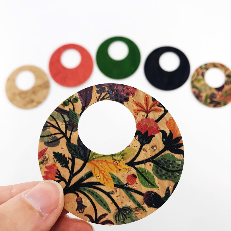 Gold Fleck Kelly Green Eggplant Fun Floral Printed Cork Natural Cork Shapes Watermelon Cork Open Circle Cutouts for DIY Cork Earrings