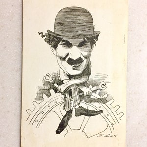 Postal antigua firmada por David Levine de Charlie Chaplin