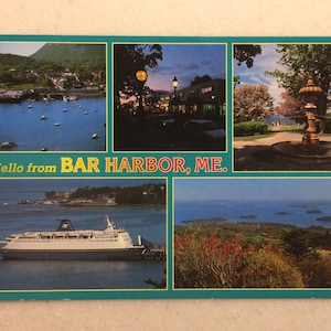 Vintage ansichtkaart Hello from Bar Harbor ME Maine Blue Nose Ferry Cadillac Mt Plus extra grote kaart