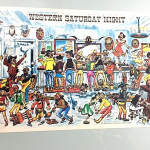 Vintage ansichtkaart Western Saturday Night Cowboy Southwestern 1956 Petley Studios overmaat