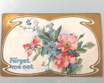 Vintage Forget Me Not Postcard Embossed Pink Flowers and Blue Forget Me Nots