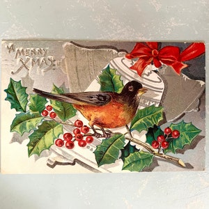 Postal navideña vintage Merry Xmas Robin en relieve de 1911