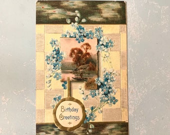 Vintage Birthday Greetings Postcard Blue Forget Me Nots Flowers
