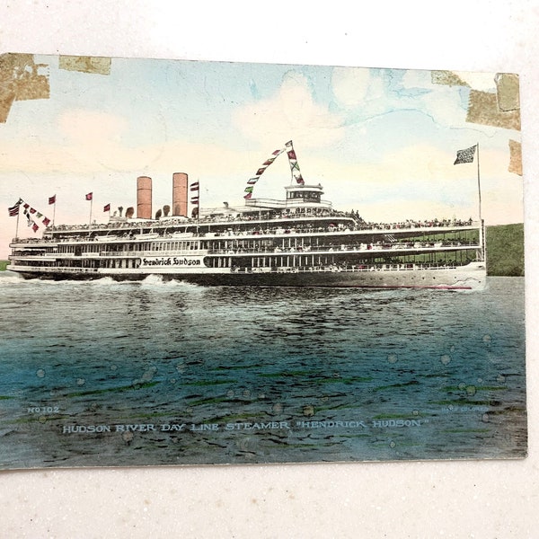 Carte postale géante vintage Hudson River Poughkeepsie Day Line Steamer Hendrick Hudson 1938