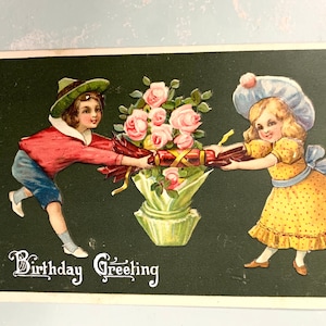 Vintage Postkarte-Geburtstags-Gruß-Kinder mit Blumenkorb-Prägung
