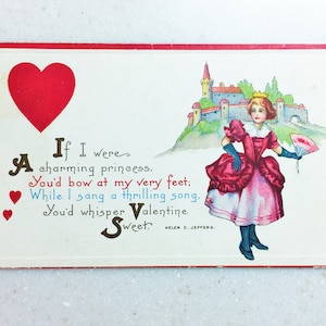 Cartolina d'epoca Cartolina di San Valentino Principessa e castello Artista firmato Helen E Jeffers
