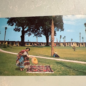 May include: Vintage postcard showing a woman preparing a blanket and hat on a grassy lawn. Palm trees and buildings are in the background under a blue sky. The postcard has a retro aesthetic, reminiscent of mid-century travel.