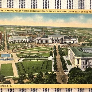 Weinlese-Leinenpostkarte Washington D C Cap Hüllen Platz-Senatsbüro & Unionsstation und Postamt