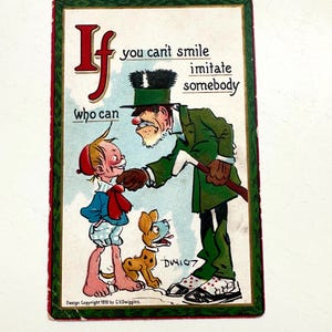 Cartão postal vintage assinado pelo artista C V Dwiggins 1910 Cartão novidade sorriso menino pequeno e cachorro