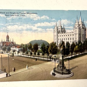 Cartolina d'epoca Salt Lake City Utah Temple & Brigham Young Monument 1915
