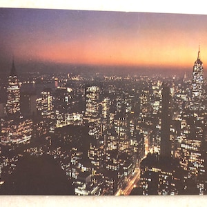 Vintage Postcard Manhattan Midtown at Night Twinkling Lights New York City N Y