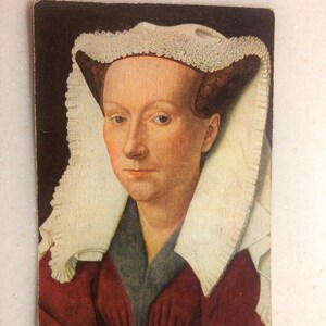 Cartolina d'epoca J Van Eyck Ritratto della moglie dell'artista Bruges Belgio
