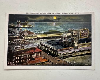 Vintage Postcard Atlantic City N J Panorama of Piers by Night