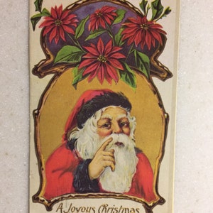 Cartão postal vintage Papai Noel com poinsétias Reprodução dos anos 1970 do cartão de 1910